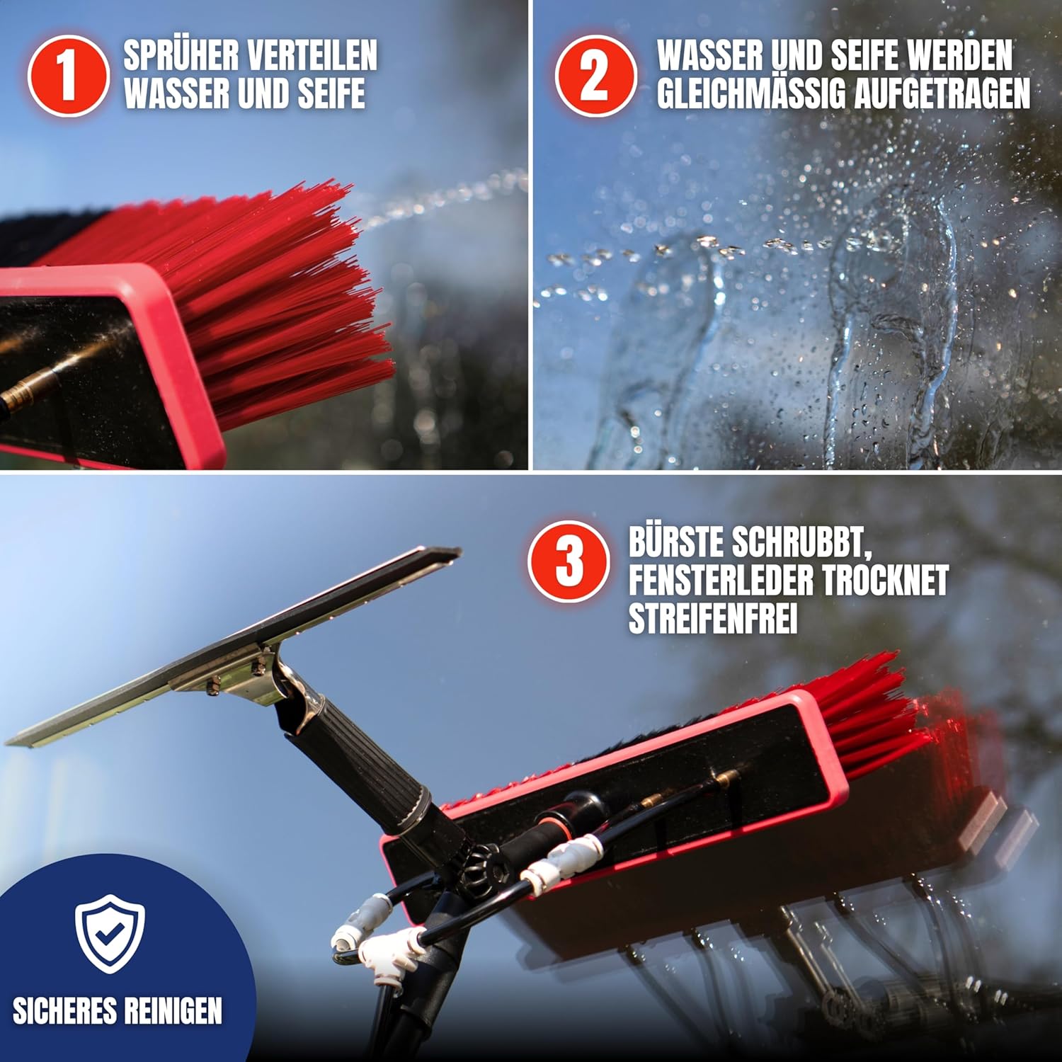 Teleskop Waschbürste 9 Meter mit Wasseranschluss – Teleskopstange mit Bürste für Fenster, Terrassendach, Glasdach & Wintergarten – Photovoltaik & Solarreinigung Kompatibel