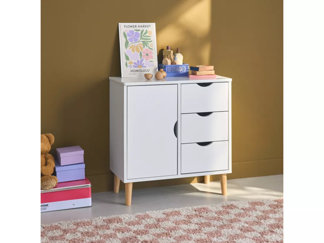 Commode enfant. 1 porte et 3 tiroirs. 2 étagères. blanc. pieds en pin