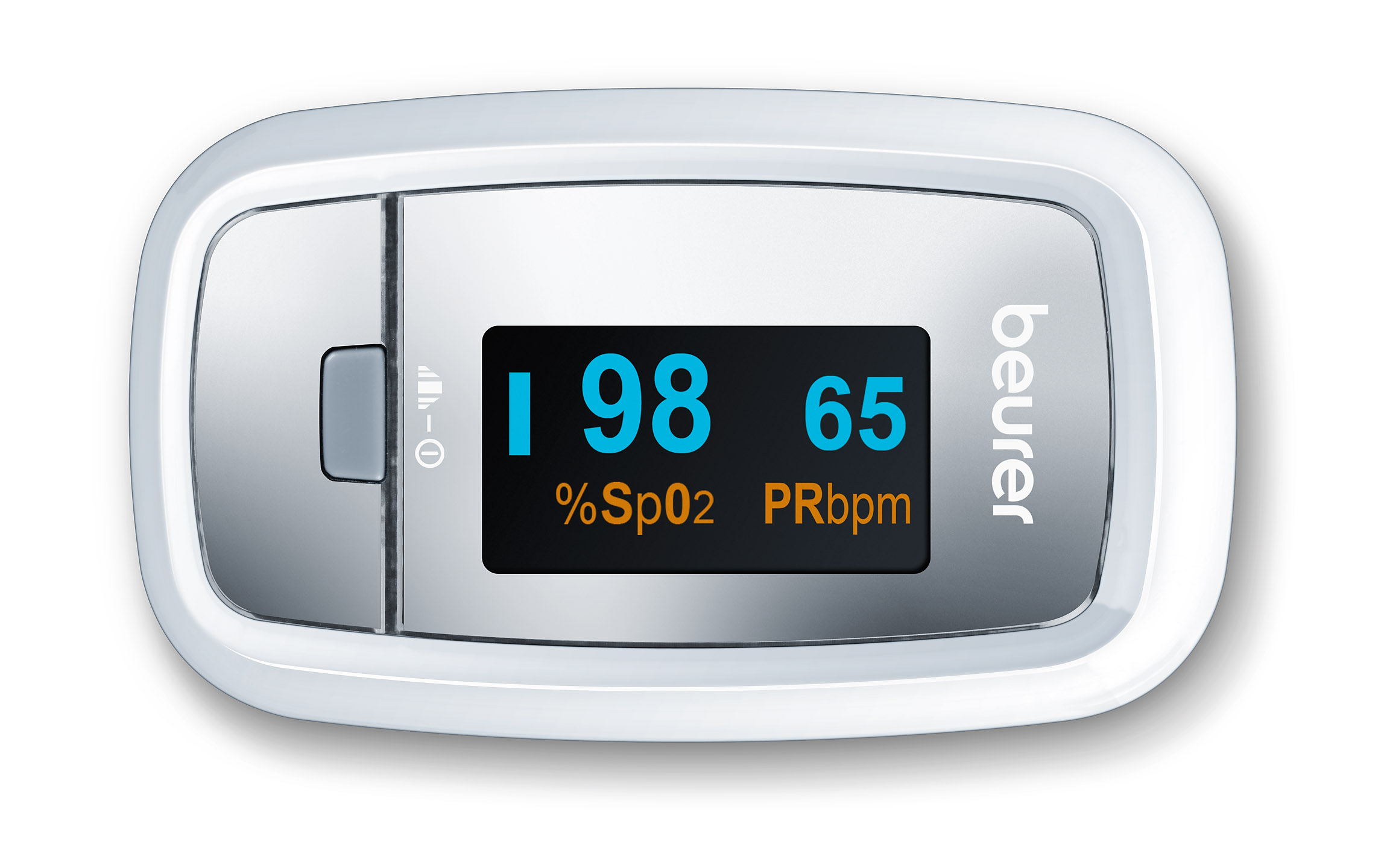 PO 30 Finger Pulsoximeter Sauerstoff (SpO2) Pulsfrequenz Messgerät mit OLED Anzeige inkl. Batterien (45430) - Weiss / Grau
