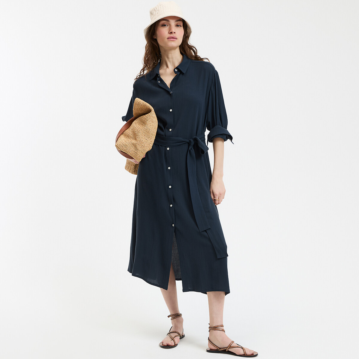 LA REDOUTE COLLECTIONS<br>Vestido camiseiro midi em crepe com mangas compridas