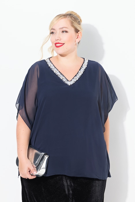 Chiffonbluse, doppellagig, V-Ausschnitt, Halbarm