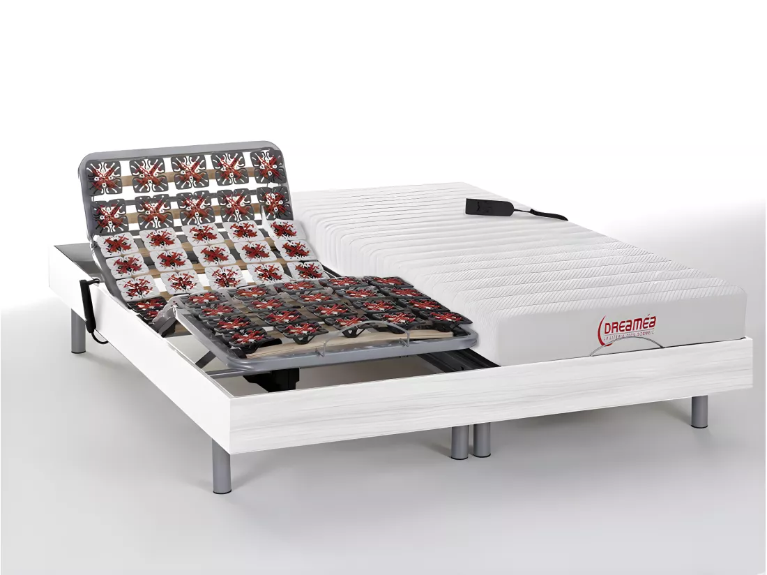 Lit électrique de relaxation tout plots + matelas accueil latex - 2 x 70 x 190 cm - Blanc - ETHER de YSMÉE