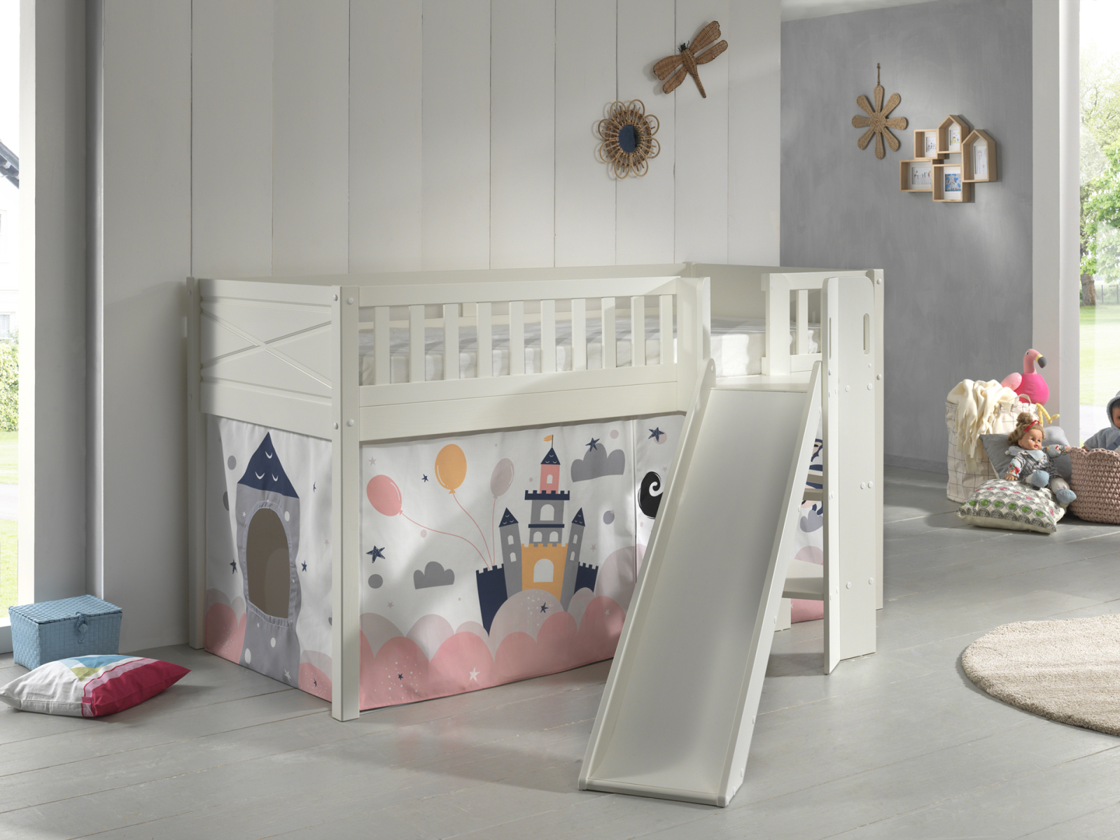 Spielbett SCOTT - weiß - Princess Sophie - mit Rutsche, Vorhang und Leiter - 90x200 cm