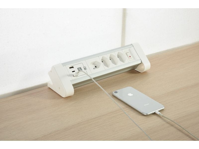 Schönenberger Steckdosenleiste 4 x T13, 1 x USB-C / 2 x USB Weisse ALU DESKTOP Steckdosenleiste