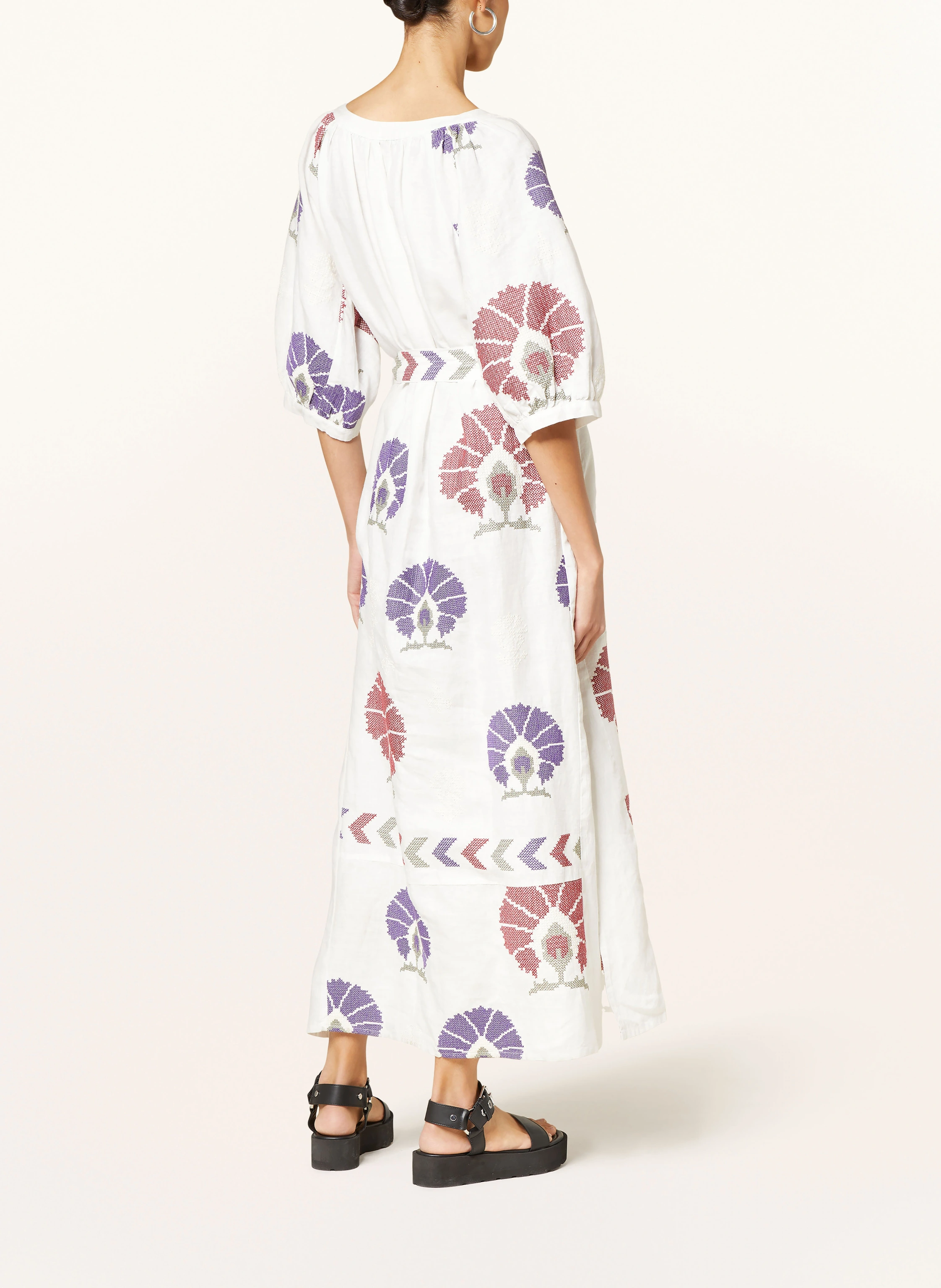 Greek Archaic Kori Strandkleid MINI PEACOCKS aus Leinen mit 3/4-Arm