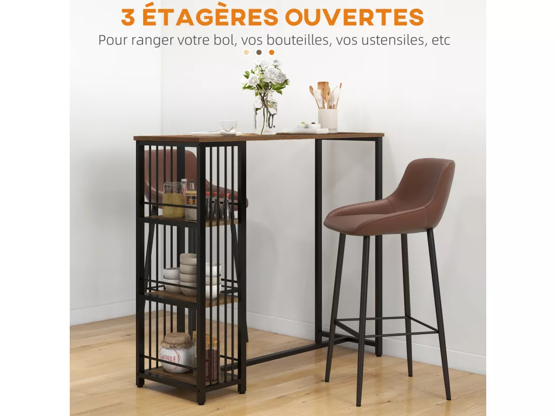 Table de bar 3 étagères style industriel acier noir aspect panneaux aspect bois