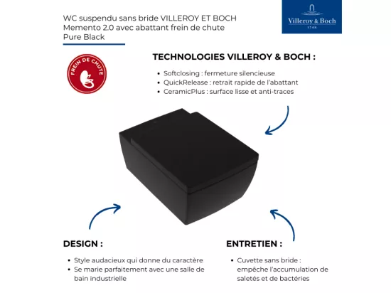 WC suspendu sans bride VILLEROY ET BOCH Memento 2.0 avec abattant Pure Black