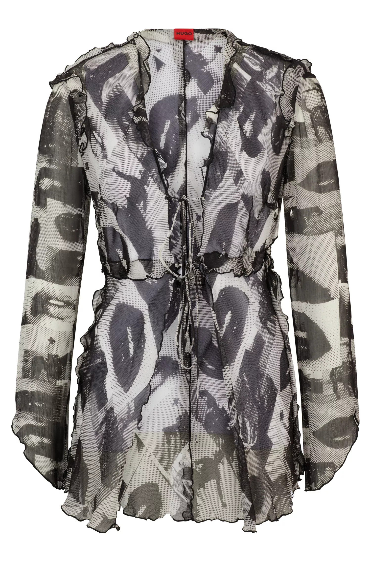 Blusa HUGO vermelha, corte regular, em chiffon estampado com amarração frontal.