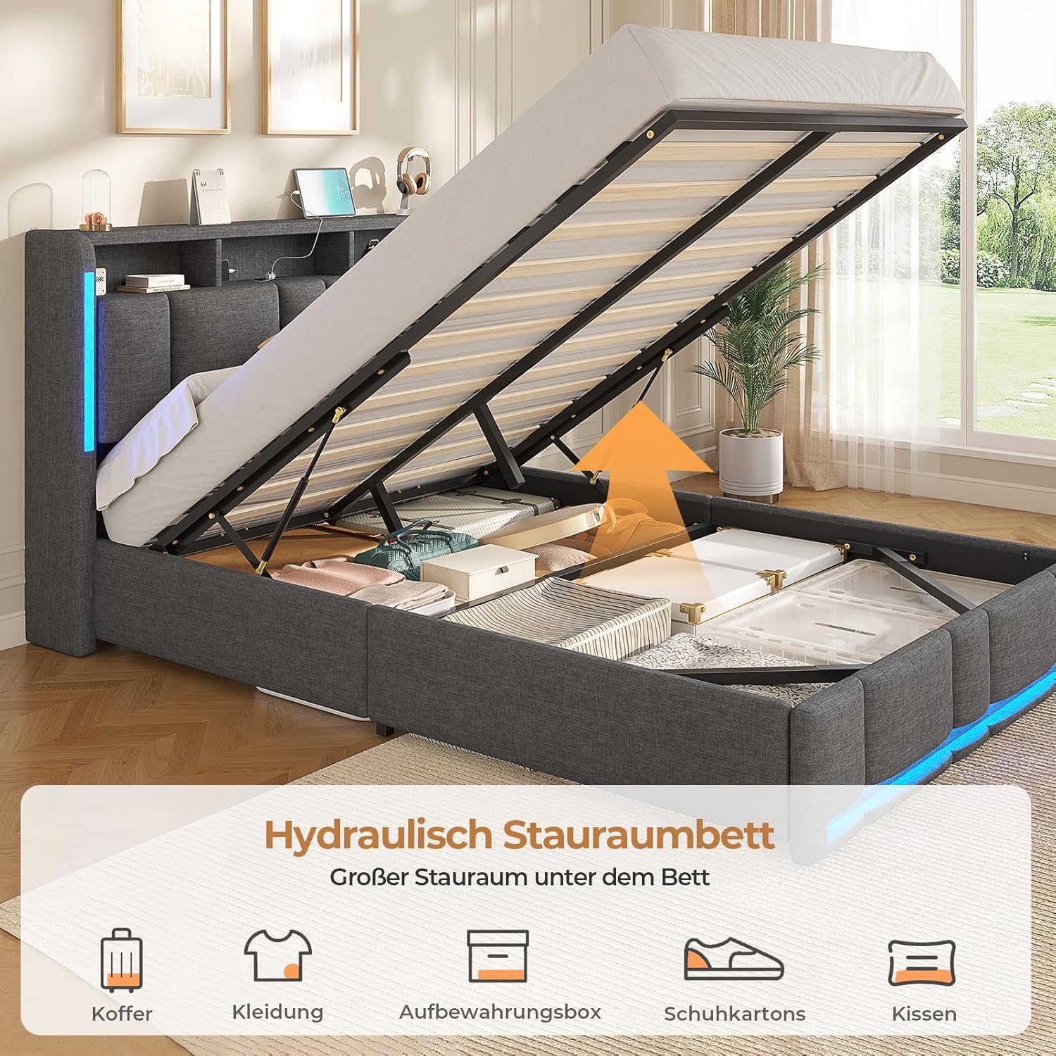 AOGLLATI Polsterbett Doppelbett 140x200 mit bettkasten, Hydraulischem Stauraumbett mit LED Beleuchtung & Steckdosen, Bett 140x200 cm mit Stauraum Kopfteil, Lattenrost, Linen,Dunkelgrau (Ohne Matratze)