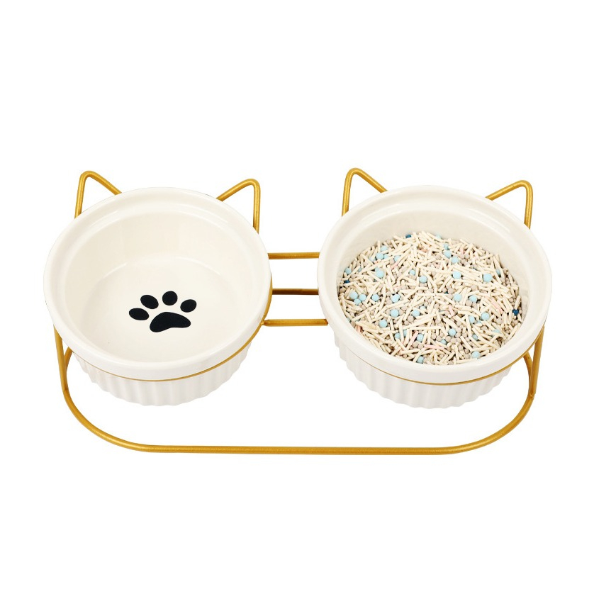 Haustier Futterstation Katzen Fress Napf Hunde Keramik Schale mit Neigung - Weiss / Gold