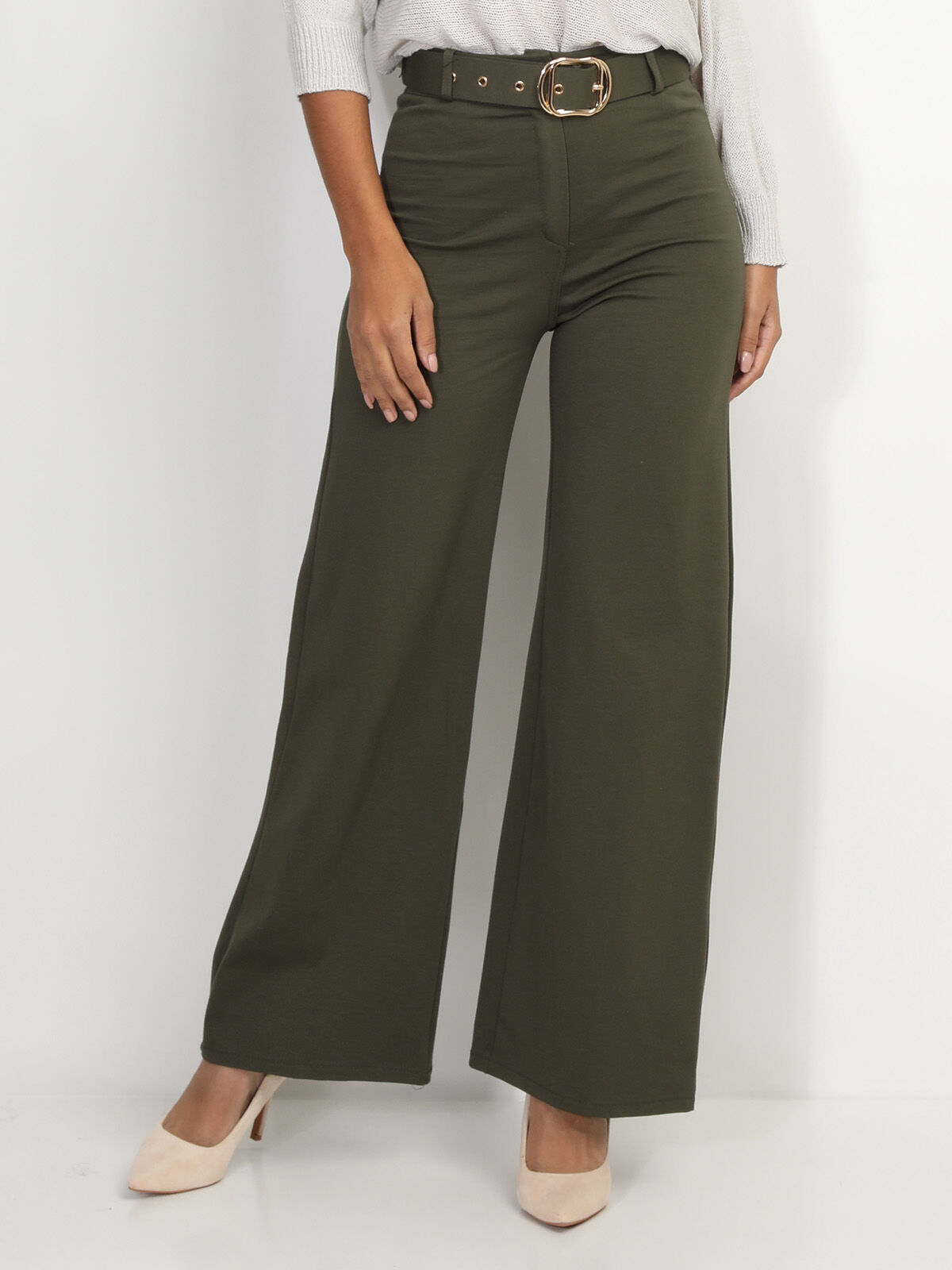 Pantalon évasé avec ceinture- Kaki