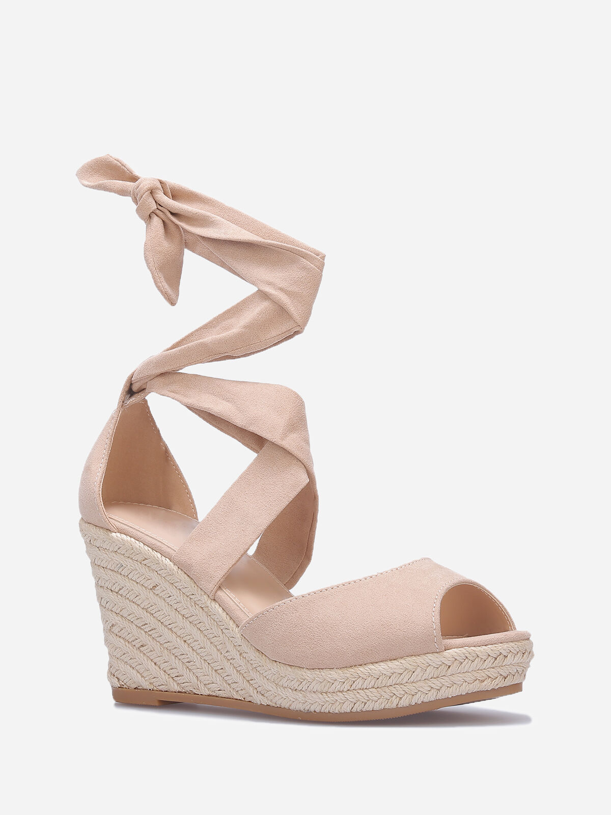 Sandales compensées en suédine à nouer- Beige