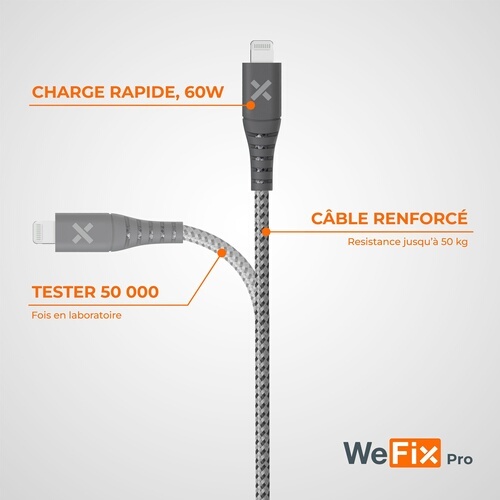 Chargeur pour téléphone mobile Wefix Pro Chargeur secteur GaN 30W + cable Lightning 1.2 metres