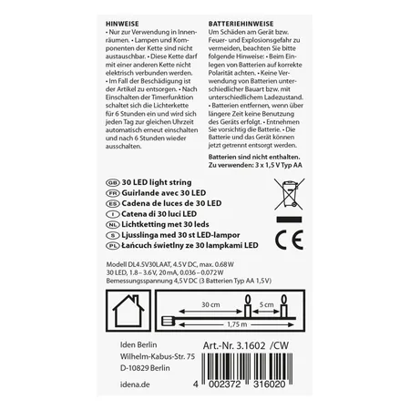 Idena 30er LED Lichterkette, warmweiß, für innen, batterieb., Fernbedienung, Timer