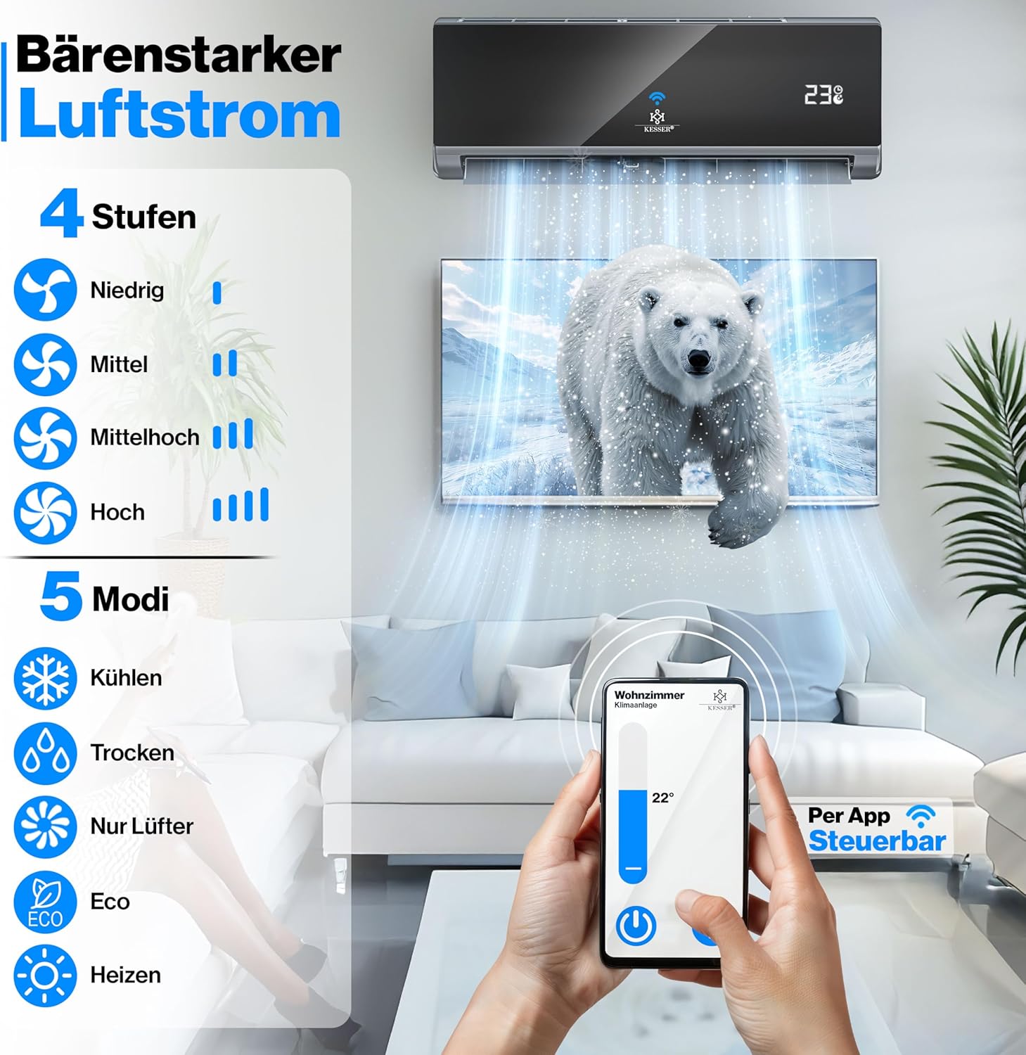 KESSER® Klimaanlage SET Split - mit WiFi/App Funktion Klimagerät - Kühlen A++/ Heizen A+ -12000 BTU/h (3.400 Watt) Sehr Leise, Kältemittel R32 - Fernbedienung, Timerfunktion - Inkl. Montagematerial