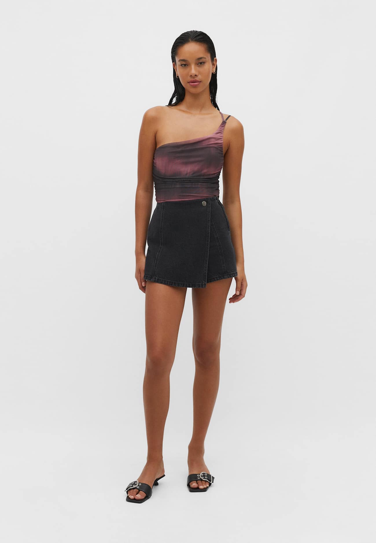 Body de tule assimétrico estampado