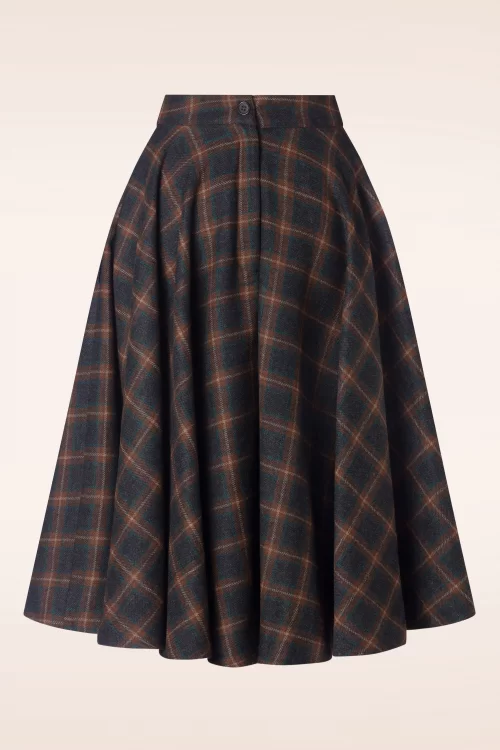Timeless Sophie wollen geruite rok in roestbruin en blauw