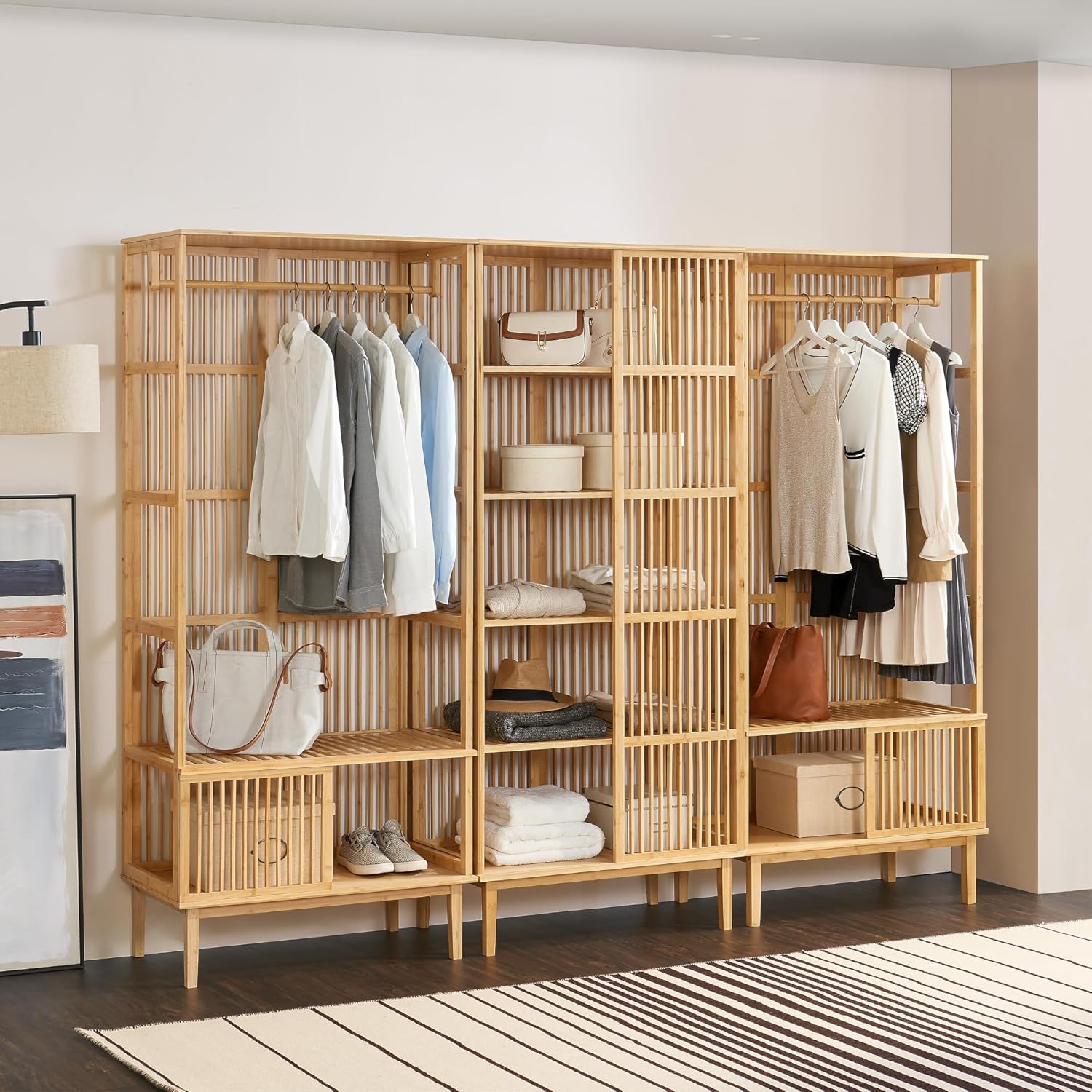 [en.casa] Garderobenset Trundholm + Vemb 185 x 240 x 45 cm aus Bambus 1 x Standregal mit 5 Ablagefächern und 2 x Garderobenständer für Flur Schlafzimmer Wohnzimmer