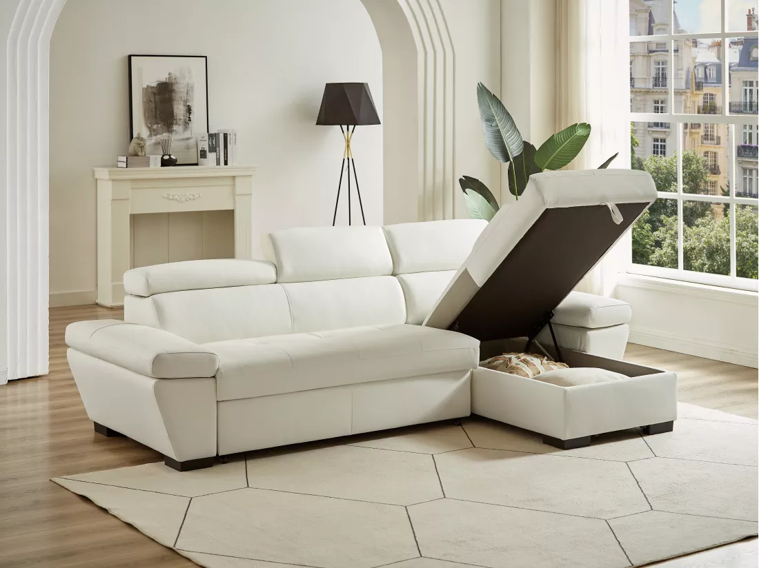 Canapé d'angle convertible en cuir JONOVA - Blanc - Angle droit