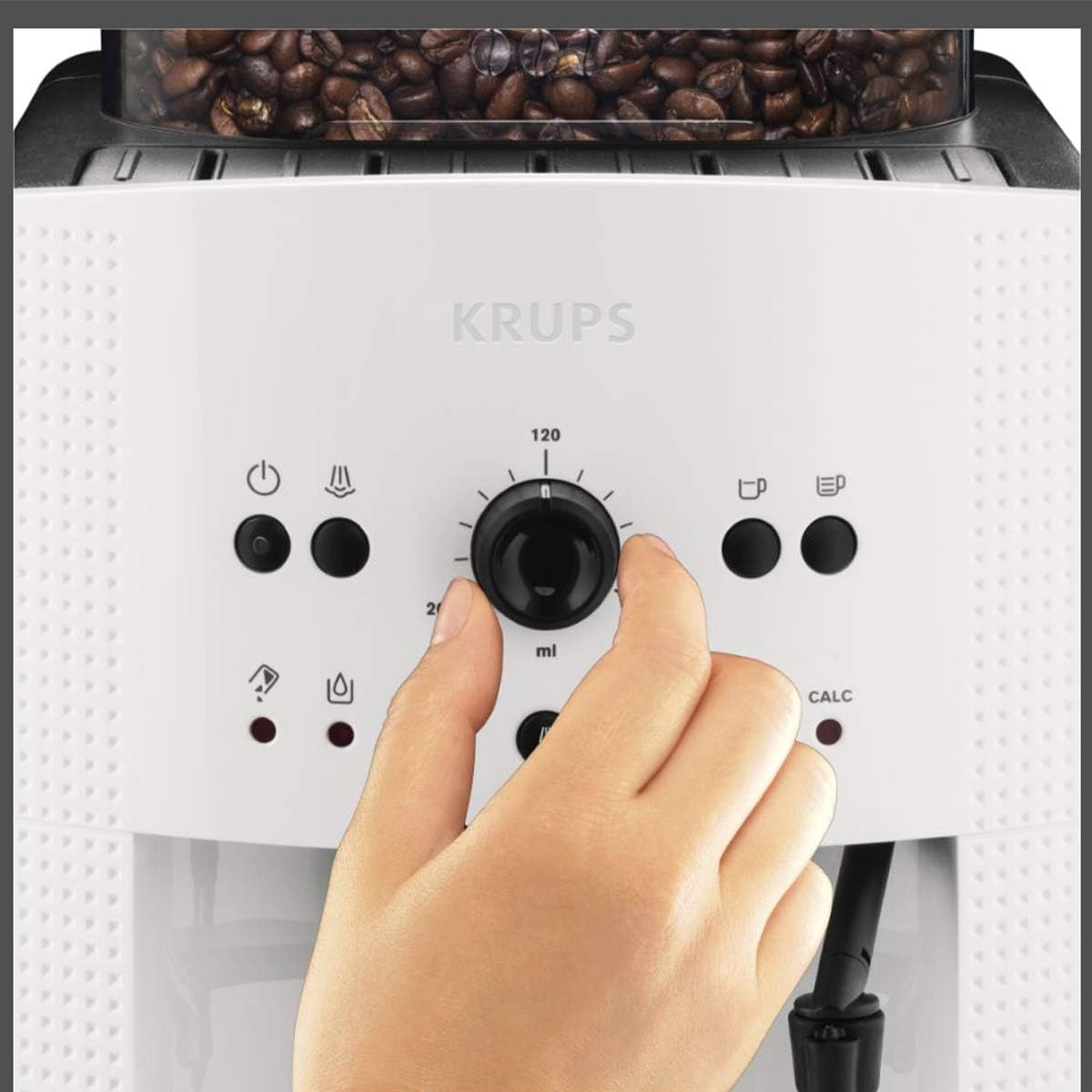Krups Machine à café broyeur grain, 2 expresso simultanés, Nettoyage automatique, Buse vapeur Cappuccino, Essential blanche EA810570