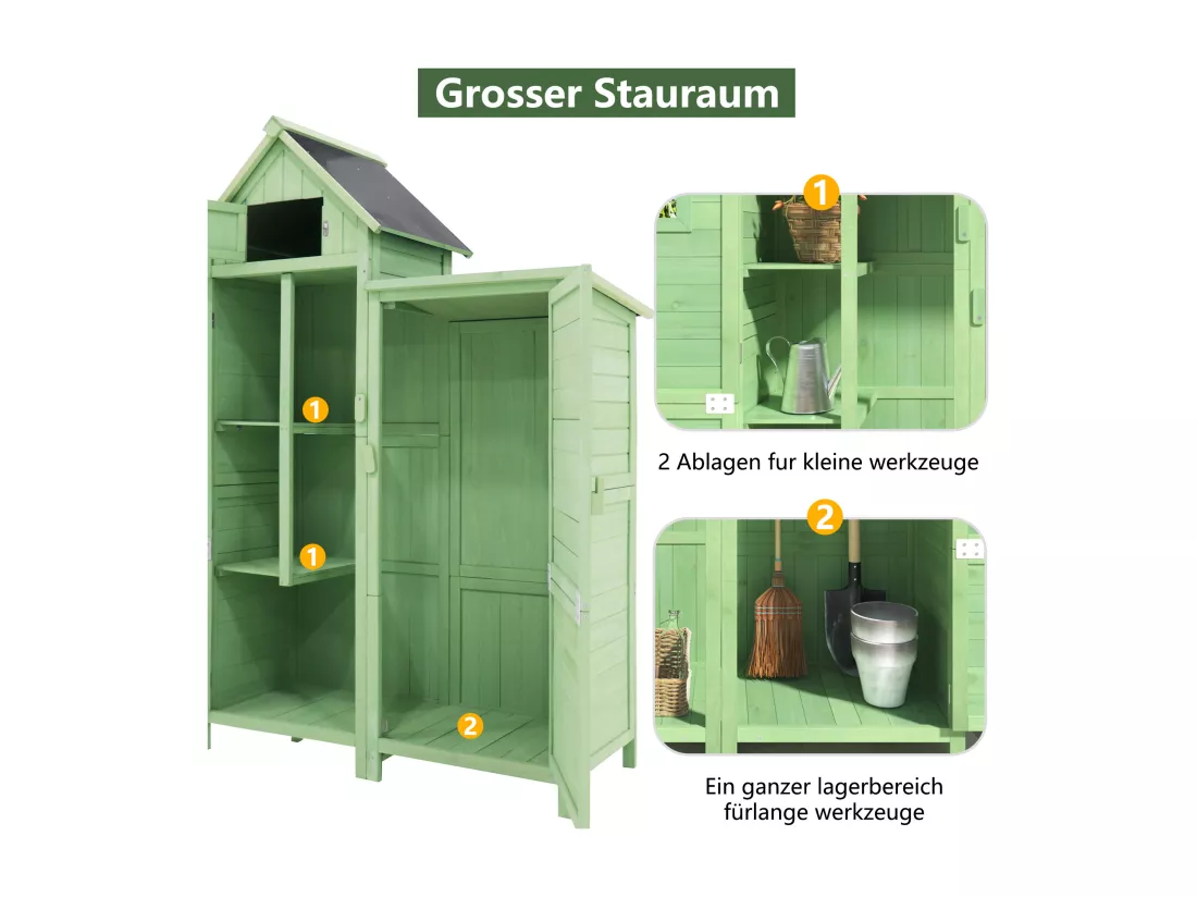 Abri de jardin en bois massif avec toit pente en PVC - 2 étagères 3 portes loquets - L118 x P54 x H173 cm - Vert
