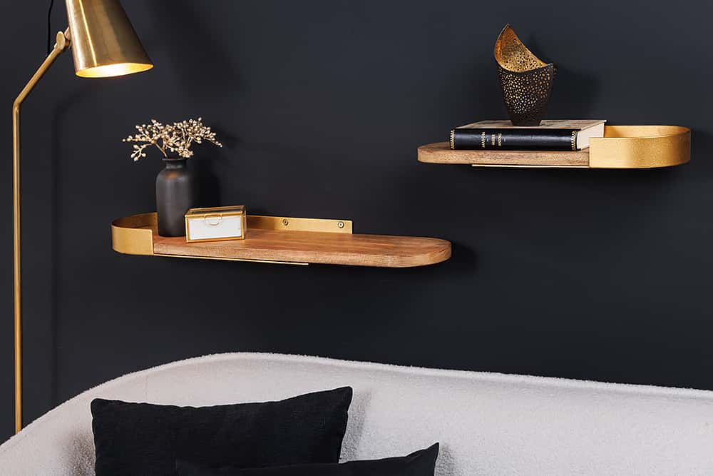 Modernes 2er Set Wandregal PURE NATURE 60cm gold Mangoholz massiv Metall handmade