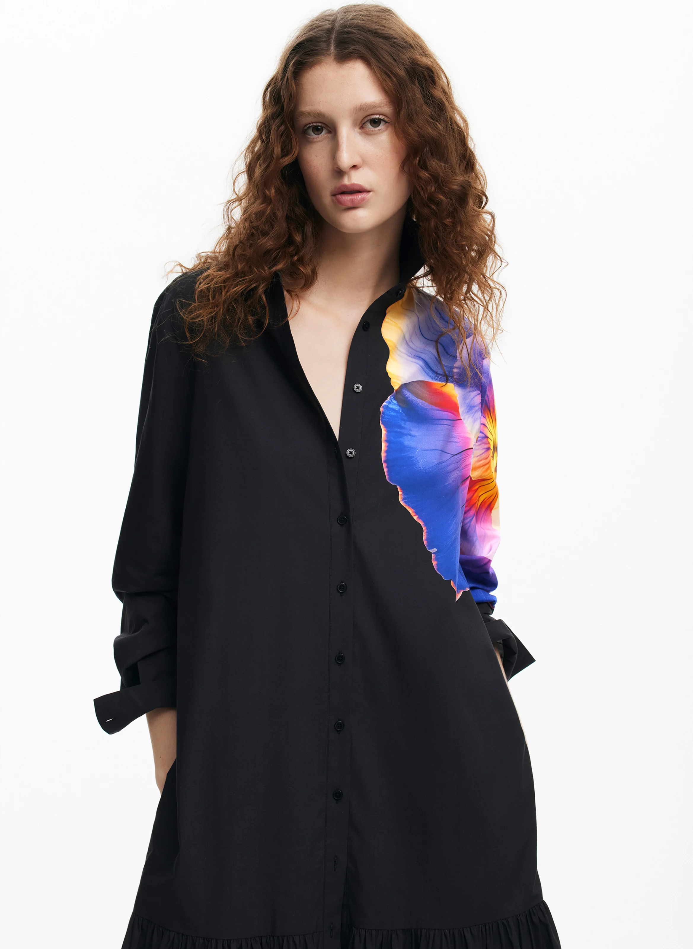 Robe longue col chemise imprimée | Noir