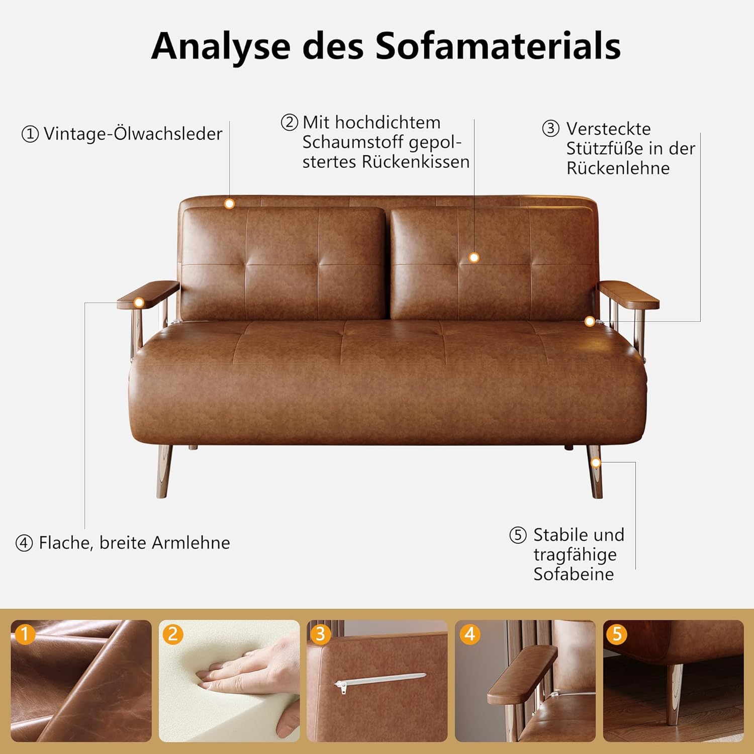 Schlafsofa-Lederoptik, modernes 2 sitzer Sofa mit schlaffunktion, schlafcouch mit Klappmatratze,klappsofa vielfältig einsetzbar für Wohnzimmer, Schlafzimmer & kleine Räume,Braunes（150cm）