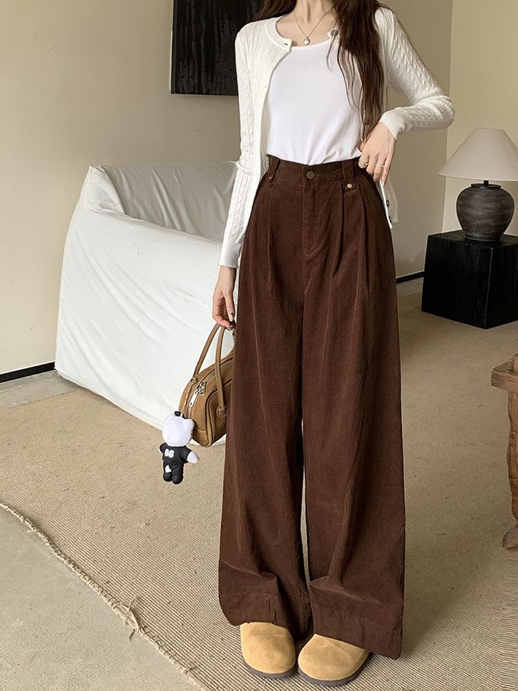 ANORA - Hoge taille effen corduroy broek met wijde pijpen