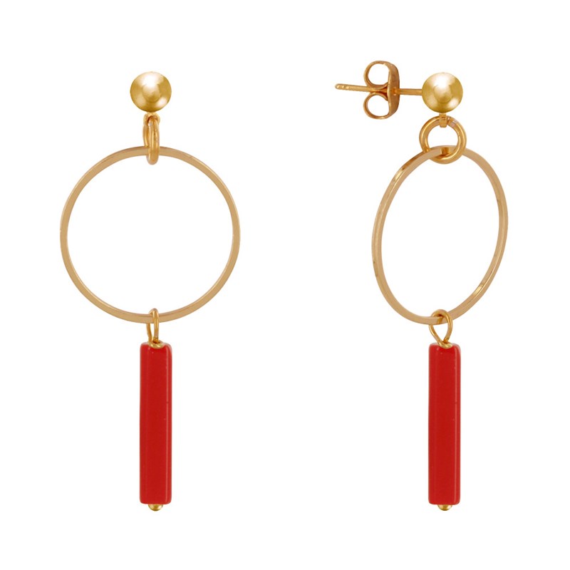 Boucles d'Oreilles Doré Cercle et Perle Rectangulaire Brillante