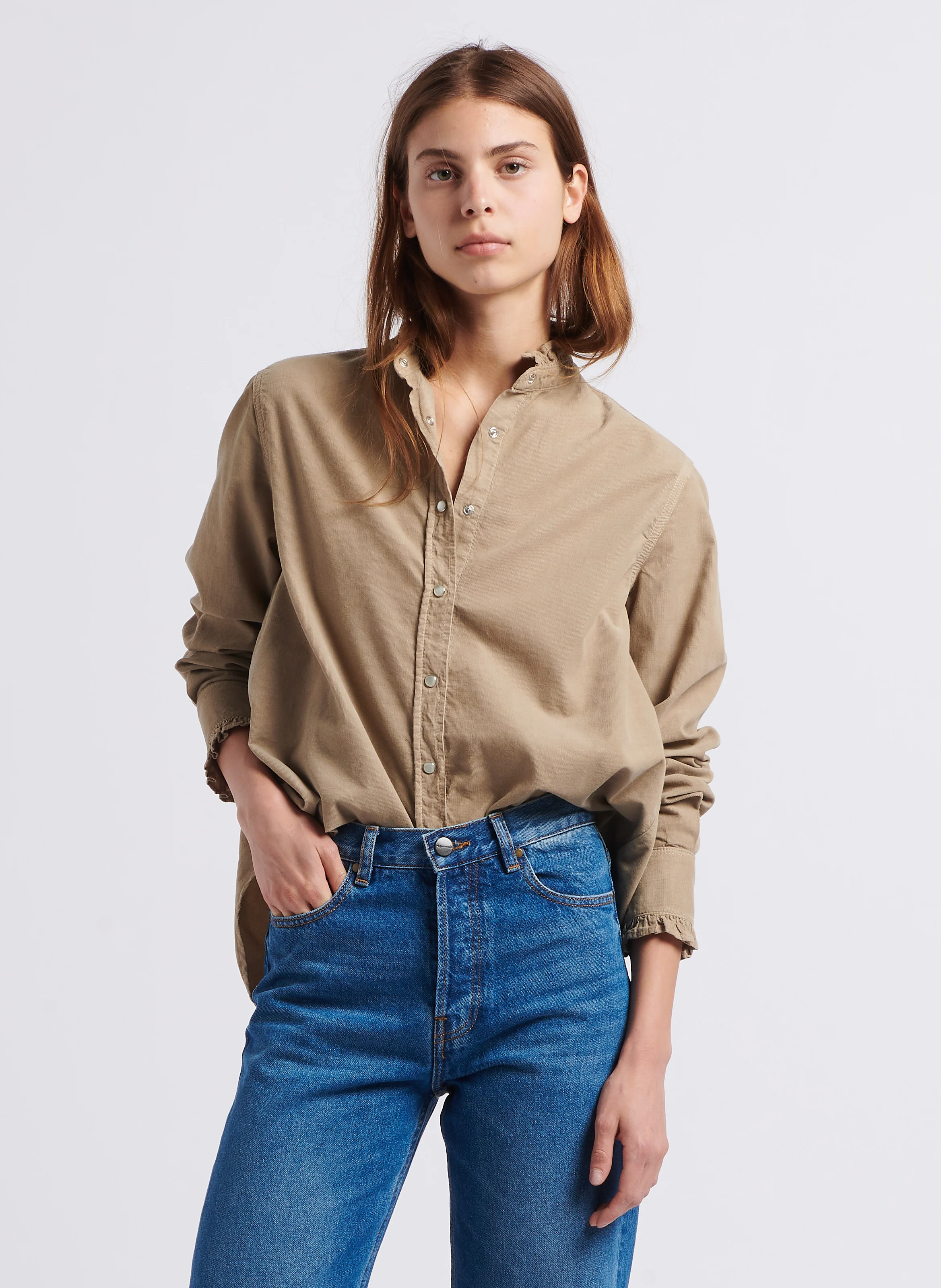 GABY - Chemise col victorien en velours de coton côtelé| Beige