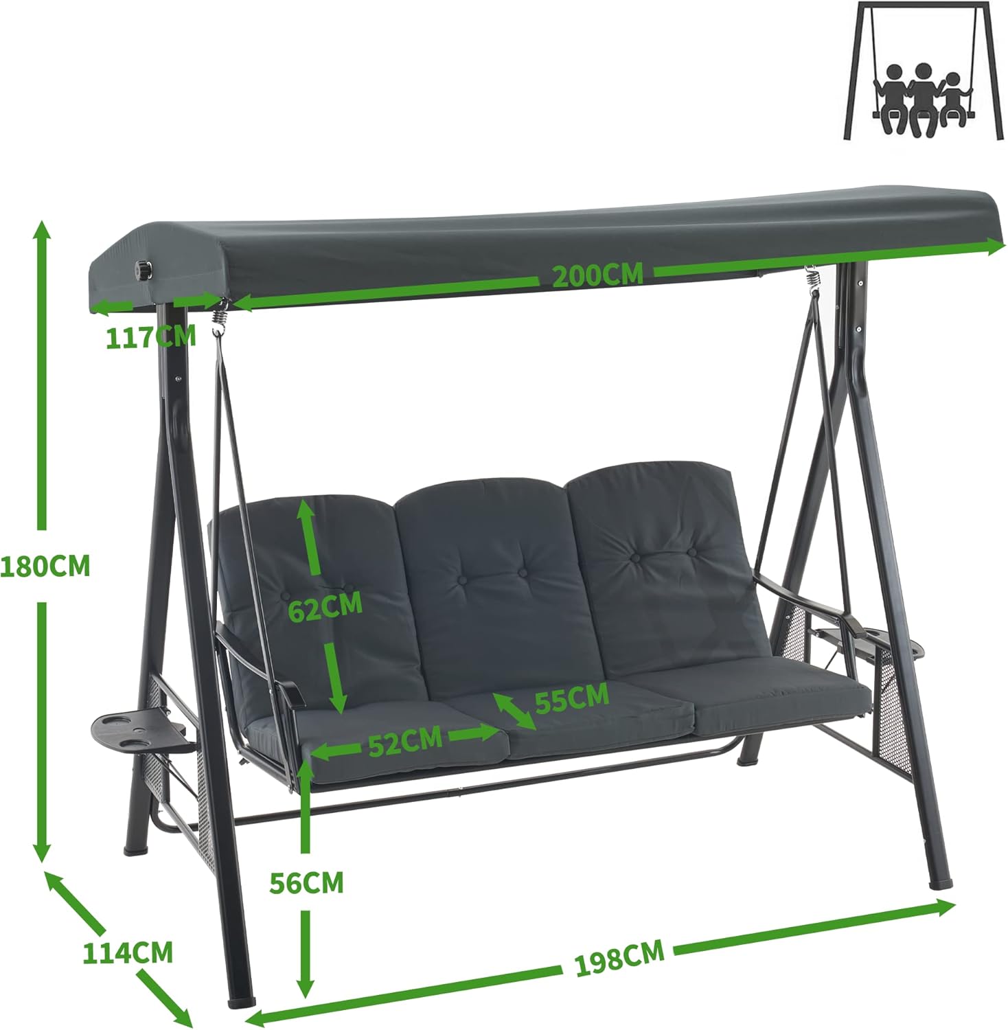 M MCombo 3-Sitzer Hollywoodschaukel, 4092 ohne Liegefunktion, Gartenliege wetterfest, Gartenschaukel Outdoor, Schaukelbank mit Sonnendach, (dunkgelgrau)
