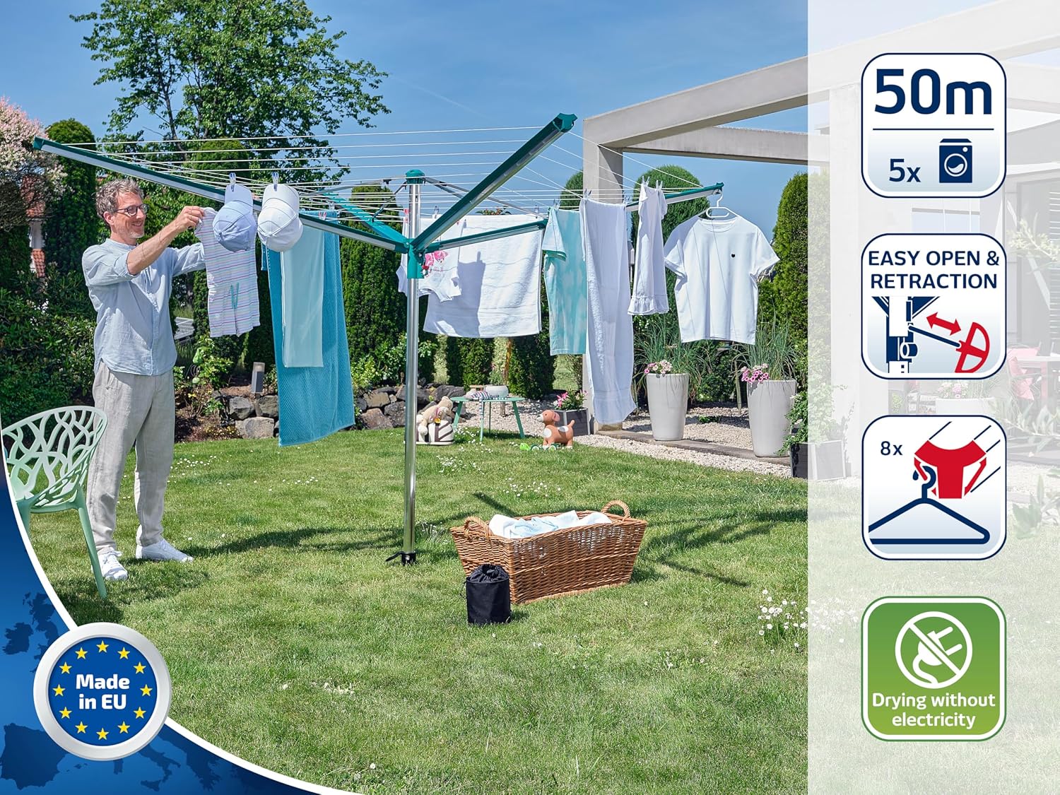 Leifheit Wäschespinne Linomatic 500 Deluxe Cover mit Leineneinzug für saubere Wäsche, Wäscheschirm für die ganze Familie, Wäscheständer inkl. Bodenhülse und Schutzhülle, 50m Leine für 5 Wäscheladungen
