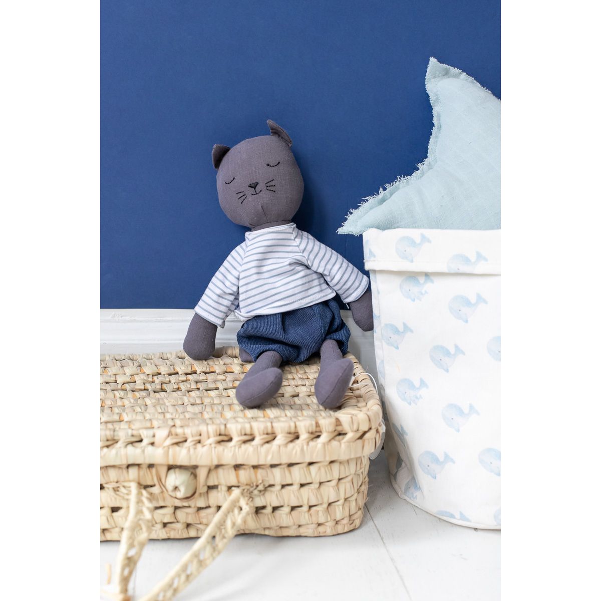 Peluche chat en tissu marinière  Frisette