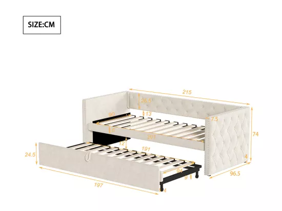 Lit gigogne Lit adulte Lit banquette 90 x 200 avec Sommier à lattes Lit d'invité Velours Beige
