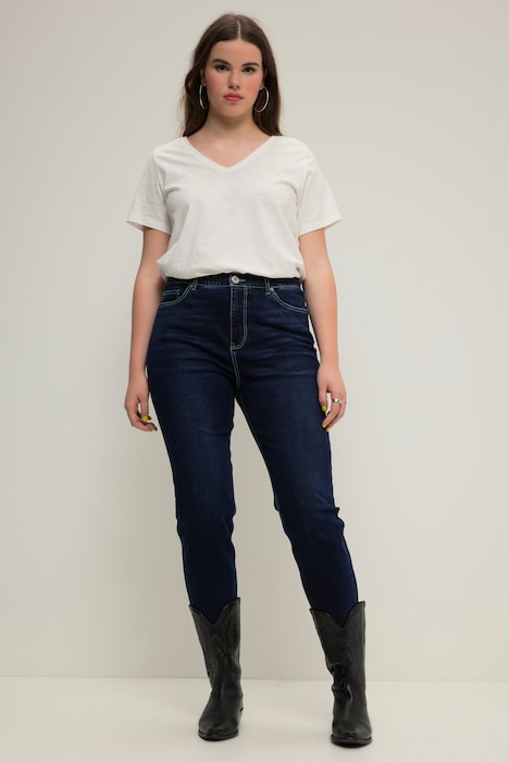 Mom-Jeans, Color-Nähte, 5-Pocket, Elastikbund, Zippfly