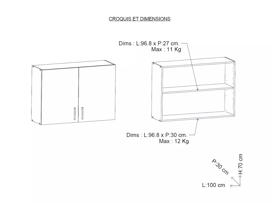 Meuble haut de cuisine 2 portes 100 cm Blanc/Chêne - ABINCI - L 100 x l 30 x H 70 cm