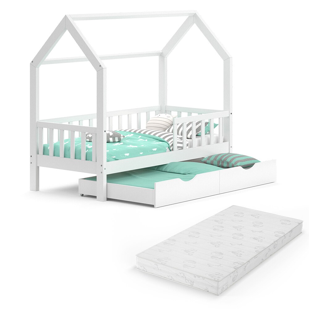 VitaliSpa Kinderbett Hausbett Gästebett Wiki Weiß 80x160cm Schublade Matratze