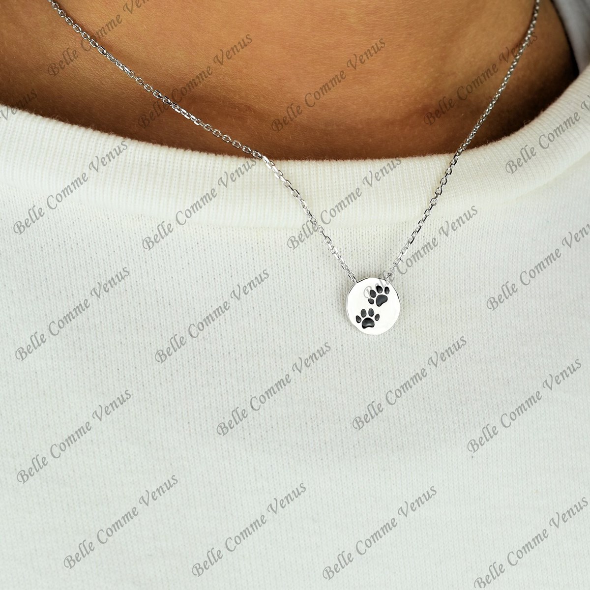 Collier patte de chien chat coussinet émail coloré noir Argent 925 Rhodié