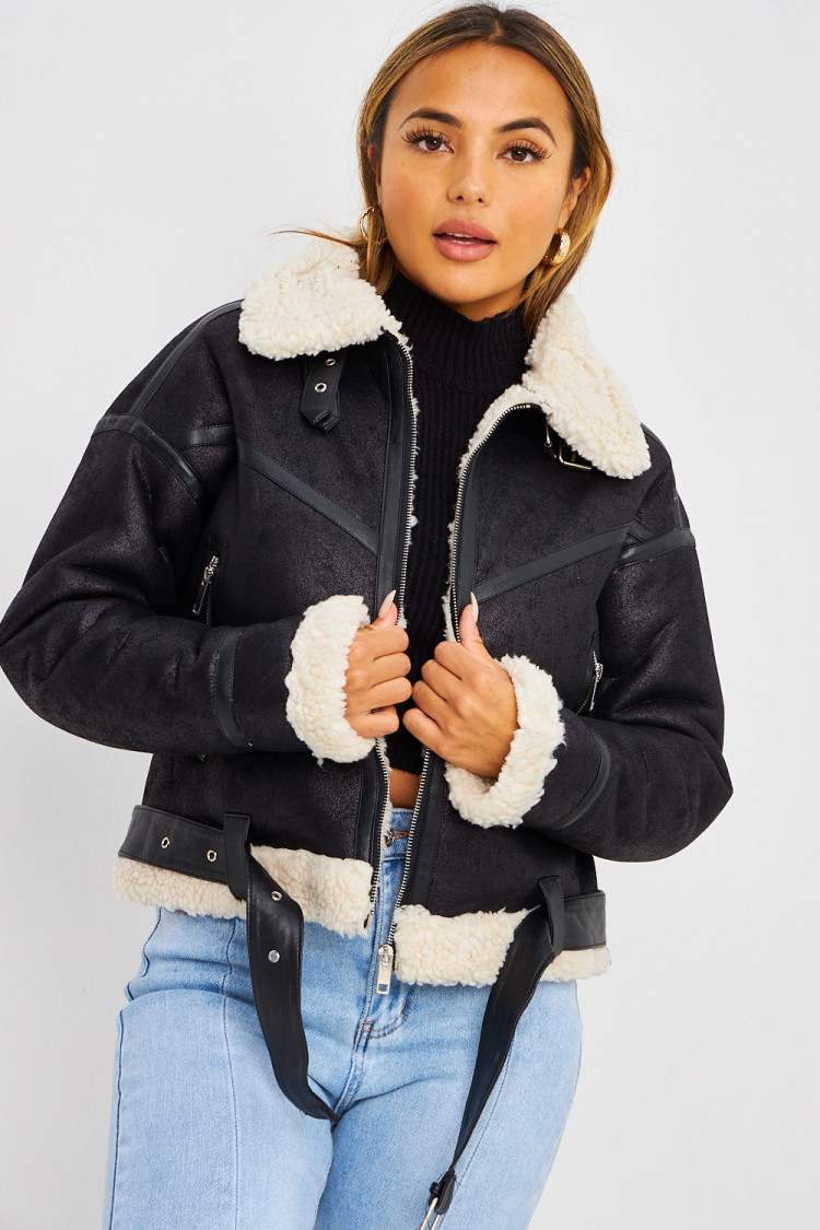 Bomber aviateur noir court peau de mouton beige