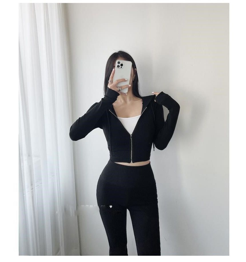 500 STUDIO - Set: effen cropped hoodie met rits + high waist flared pants