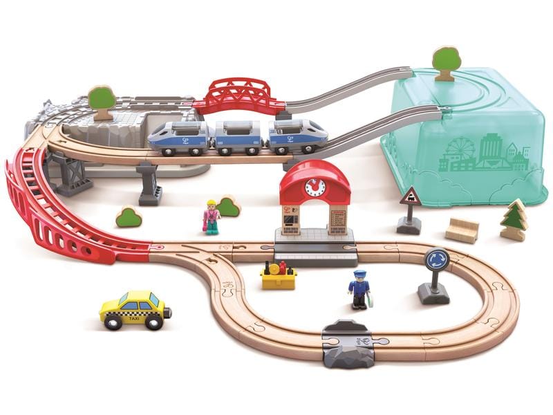 Hape Eisenbahn Stadtbahn-Set in praktischer Box Spielset mit 48 Teilen