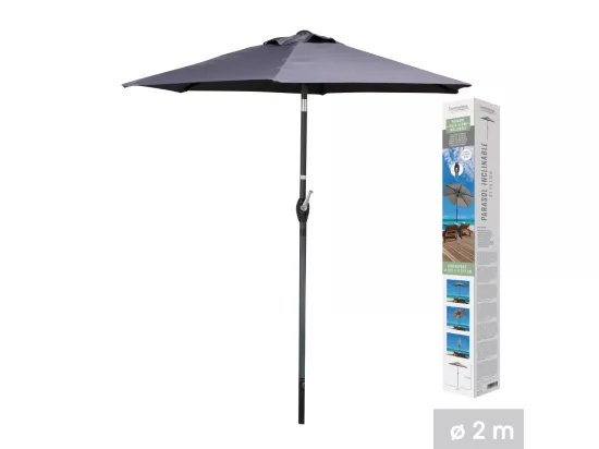 Parasol inclinable gris anthracite – Ø2m – H2,13m – Acier – Toile polyester 160g/m² – Manivelle
