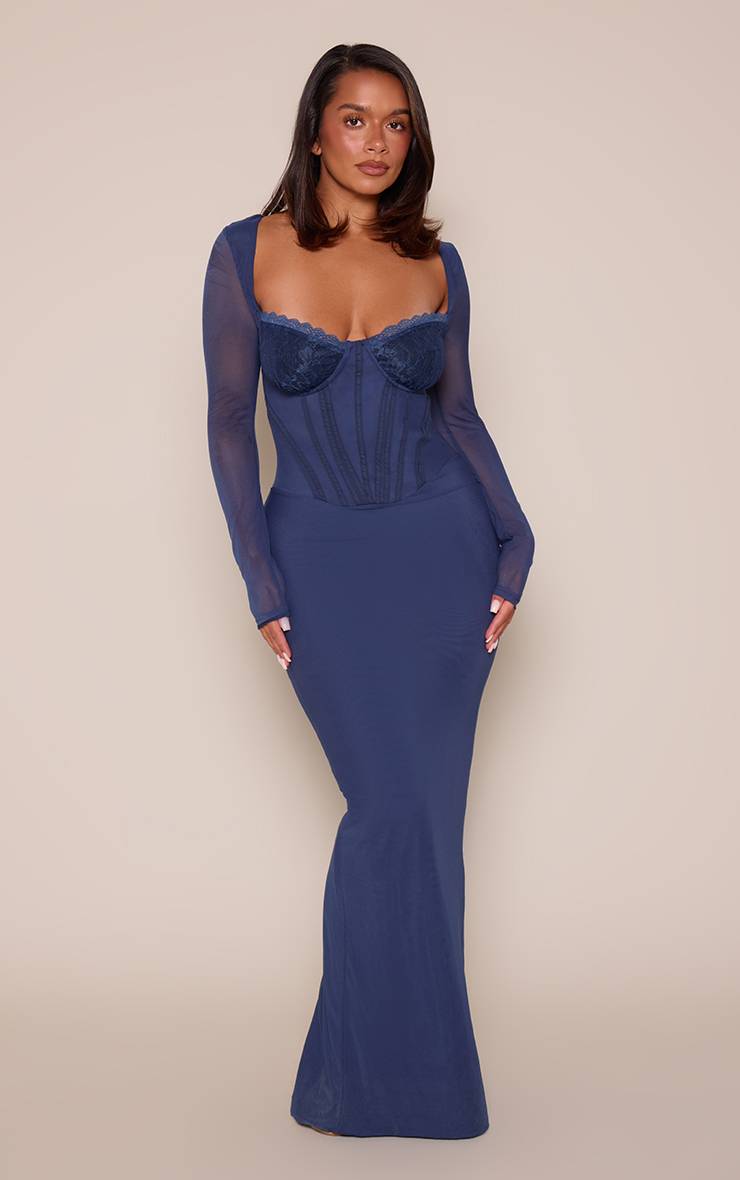 Bleu Marine Robe Longue Corsetée Moulante En Mesh Avec Empiècements En Dentelle
