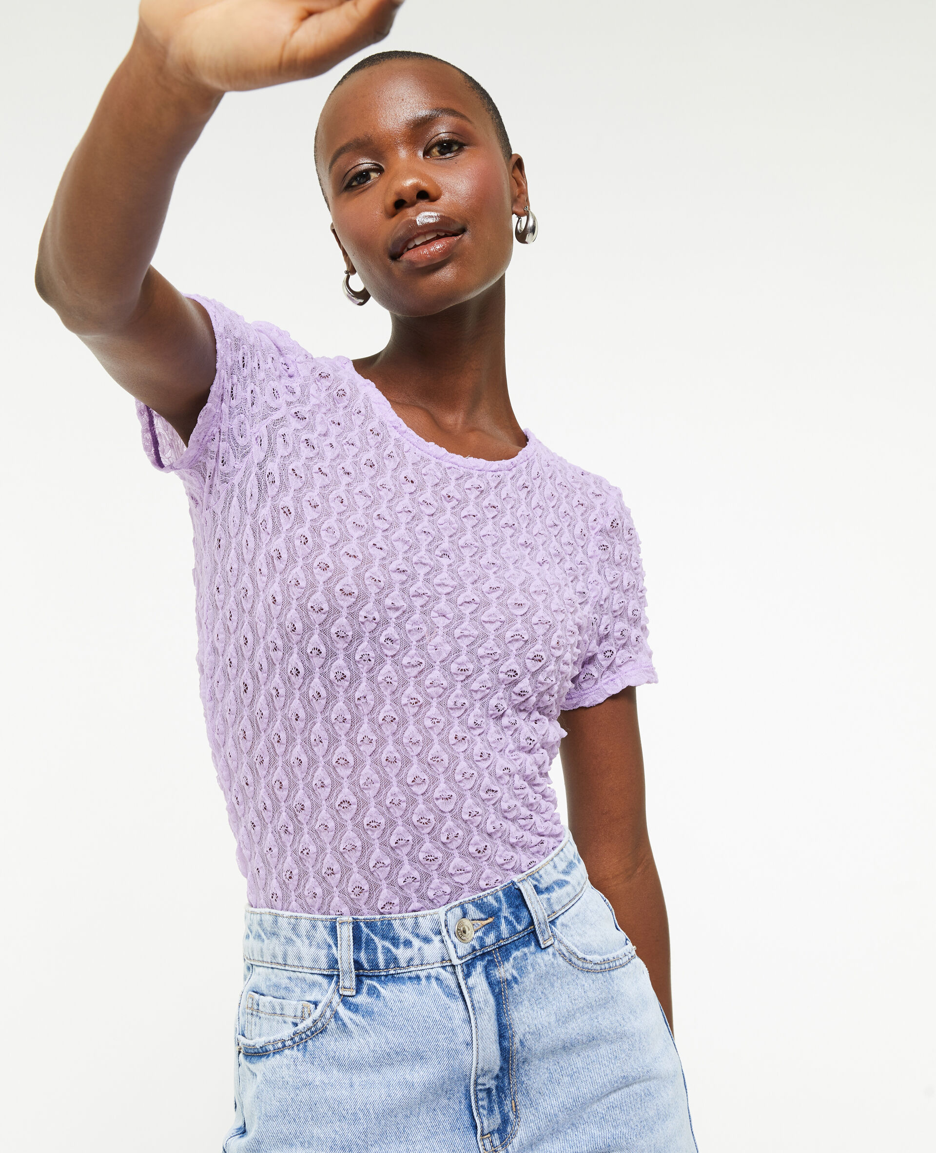 Top en dentelle tissu reliefé - Lilas