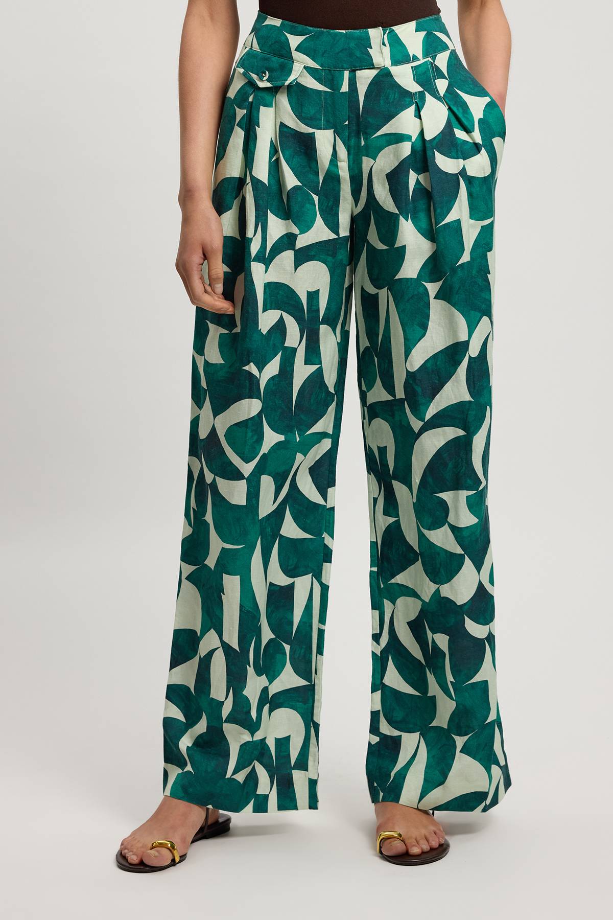 KarenMillen Pantalon Droit Tissé À Imprimé Géométrique En Lin Avec Plis Et Poches Détail Petite