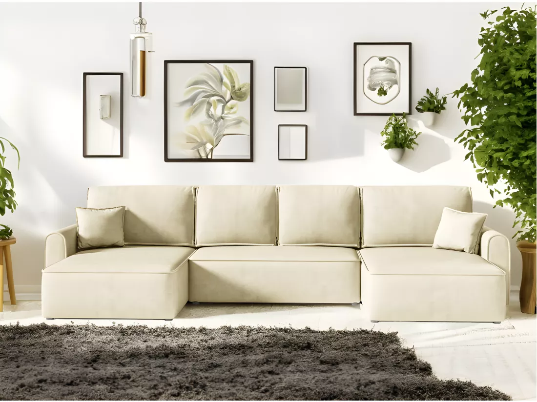 Canapé d'angle panoramique convertible LORIO en tissu aspect velours beige