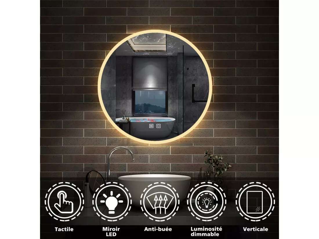 Miroir de Salle de Bain avec Anti-buée + 3 couleurs LED avec lumière et luminosité réglables Rond double interrupteur tactile ∅80cm