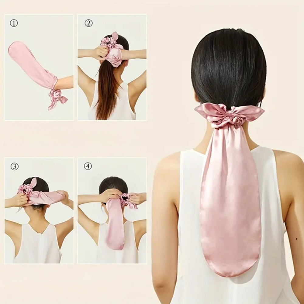 (2-tlg. Set) Satin Nacht Mütze Haar Schlafhaube für langen Pferdeschwanz inkl. Scrunchie - Schwarz