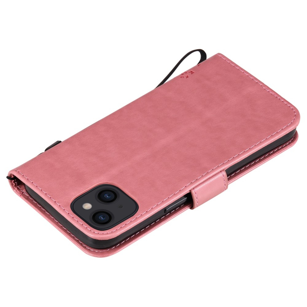 iPhone 14 Leder Tasche Flip Cover Baum Imprint - Rosa